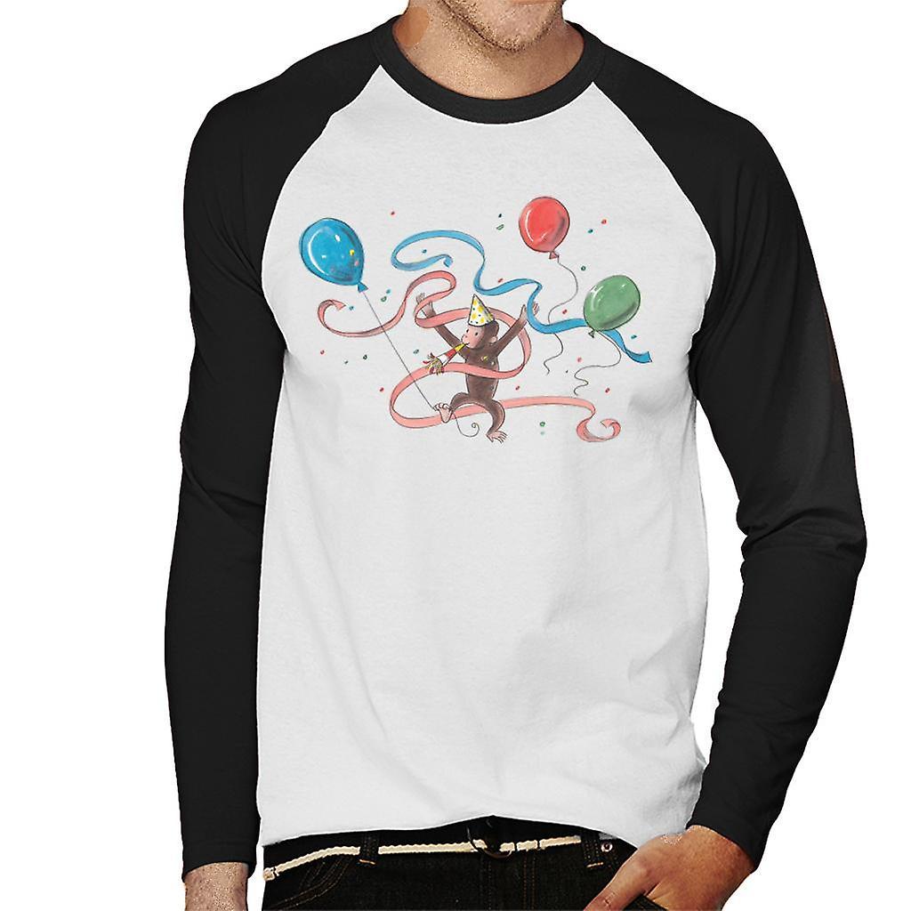 Curious George Party Balloons Men's Baseball Long Sleeved T-Shirt White/Black Medium