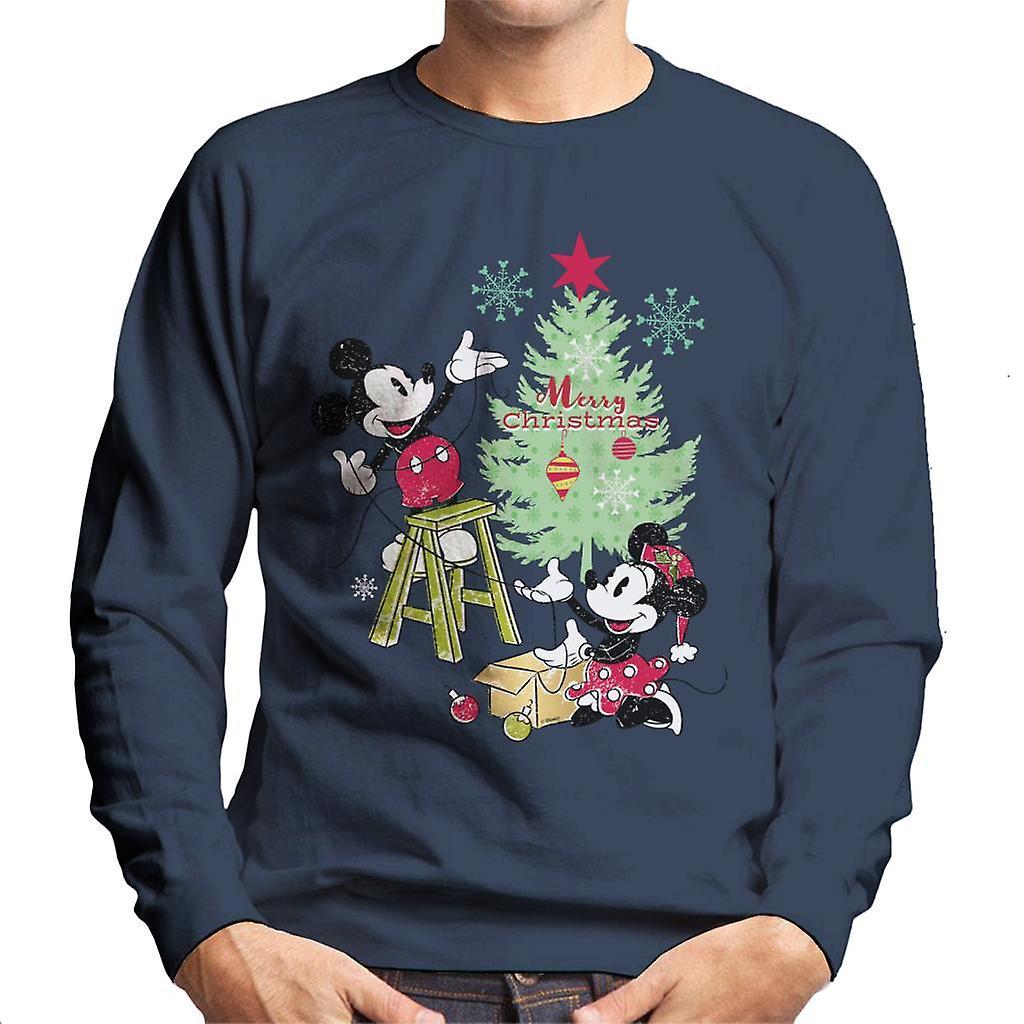 Disney Christmas Mickey And Minnie Mouse Decorating Men's Sweatshirt Navy Blue Large