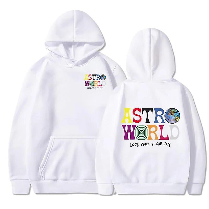 Dlelv Travis Scott Hoodies Men Look Mom I Can Fly Letter Printed Sweatshirts Women Fashion Astroworld Hooded Pullover Casual Sportwear WHITE L