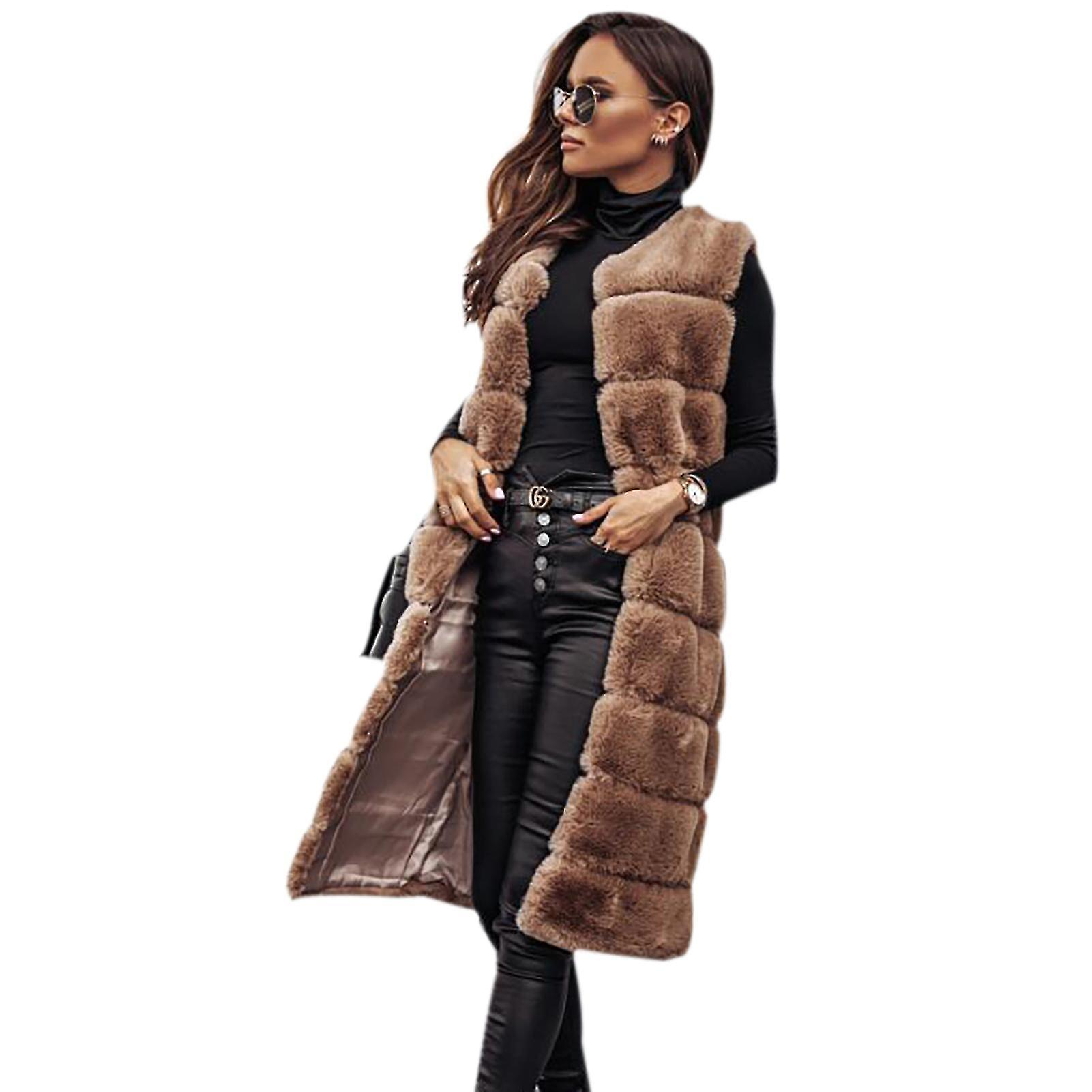 Meet Women\'s Winter Vest Coat Round Neck Fur Long Coat With Solid Color For Woman Cold Weather Wearing Khaki