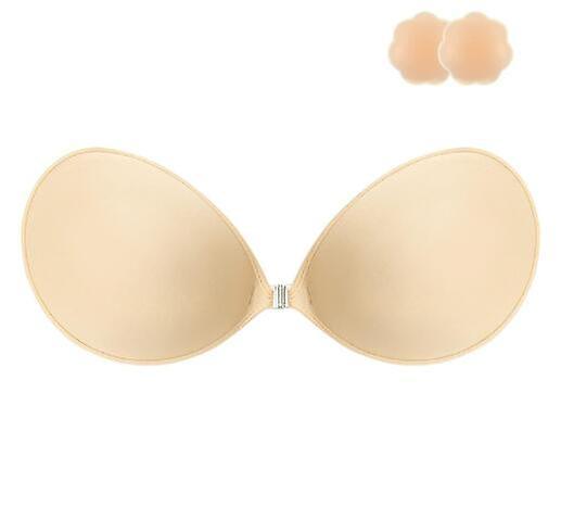 Niidor Adhesive Bra Strapless Sticky Invisible Push Up Silicone Bra For Backless Dress With Nipple Covers Beige B