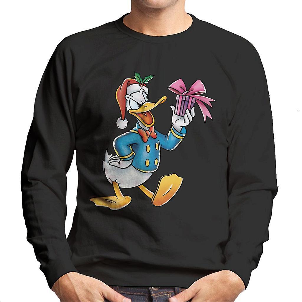 Disney Christmas Donald Duck Holding Present Men's Sweatshirt Black Large