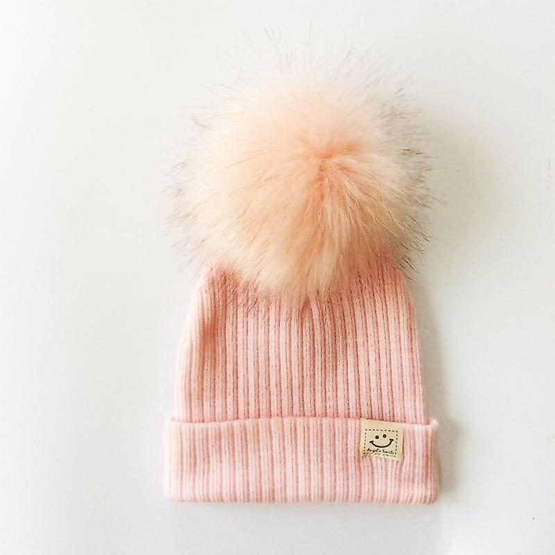 Slowmoose Winter Baby Artificial Pompom Knitted Hat, Toddler Kids Caps pink-691