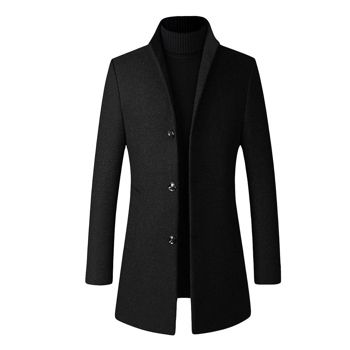 Allthemen Mens Slim Fit Stand Collar Autumn Wool Overcoat Black L