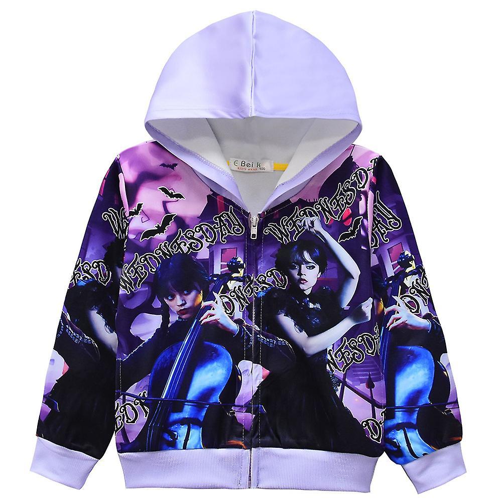 Vicbuy Kids Wednesday Addams Printed Hooded Long Sleeve Jacket Zip Up Casual Coat Gifts 4-9 Years Purple 8-9 Years