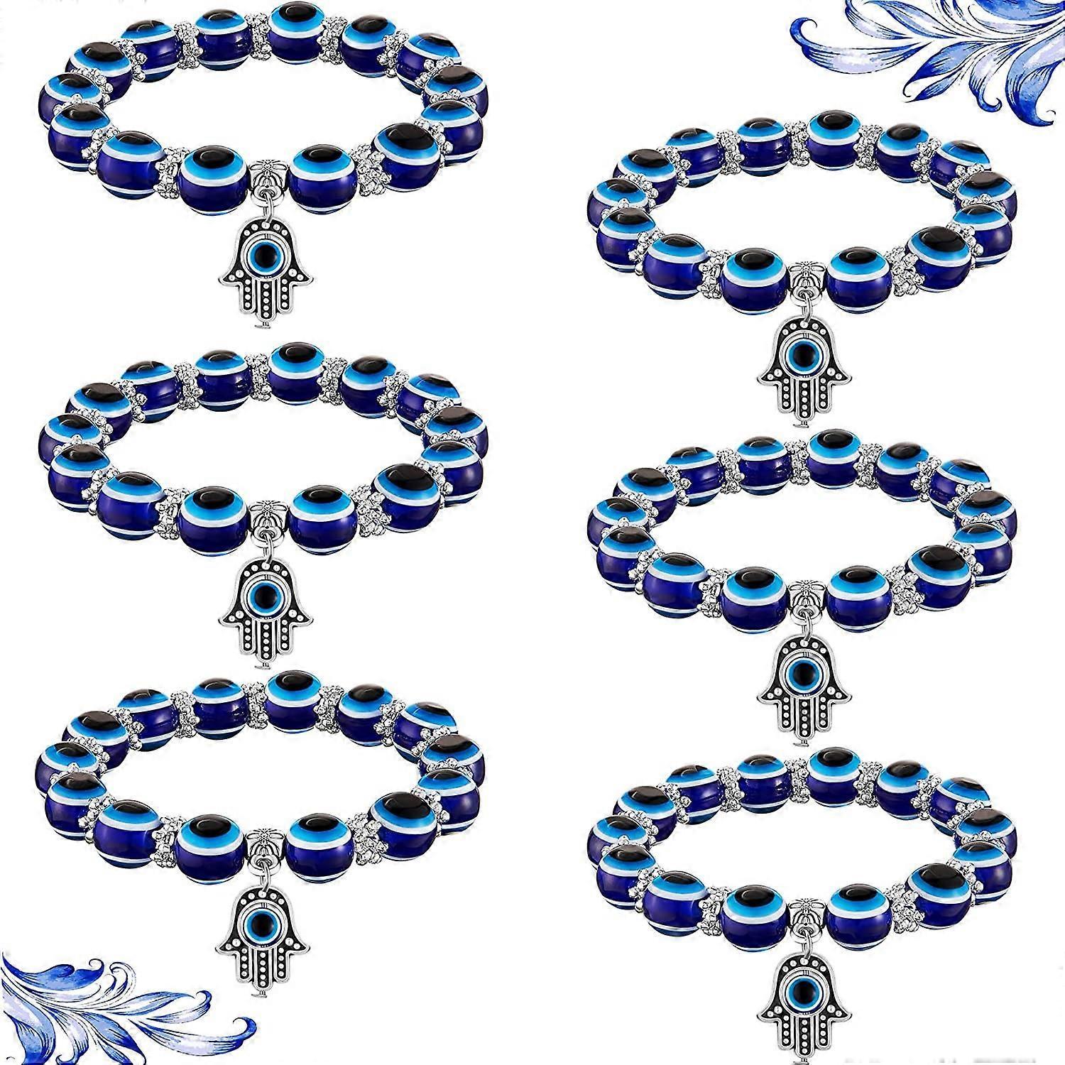 Ubiuo 6 Pieces Evil Eye Beaded Charm Bracelets Blue Eye Bead Hamsa Stretch Bracelet Hand of Fatima Turkish Lucky Bracelet for Women Men for Protect...