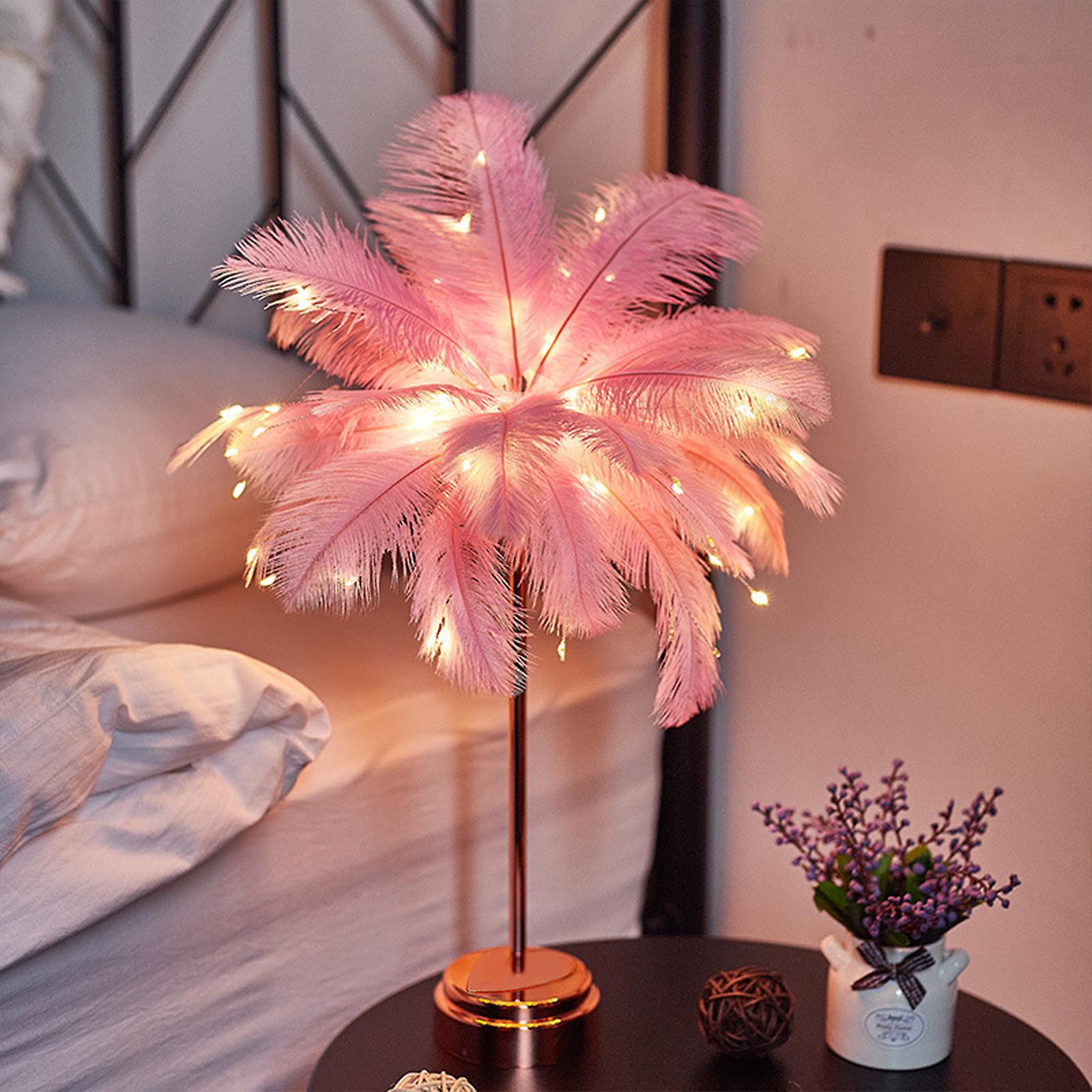 Kakanwo Feather Table Lamp Bedside Lamp Night Light Battery Operated Led Table Lamp For Bedroom Living Room Pink