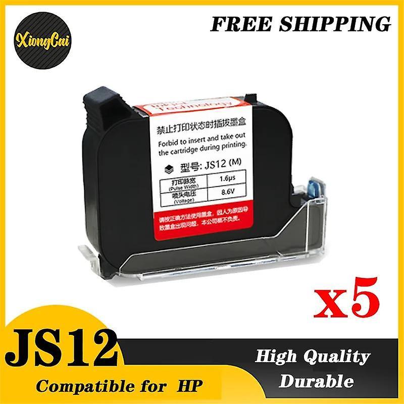 Jiechannel 5pcs Alevel High Adhesion Js12 Compatible Hp Js12 Quick Fast Dry Eco Solvent 12.7mm Handheld Online Inkjet Printer Ink Cartridge 5  blac...