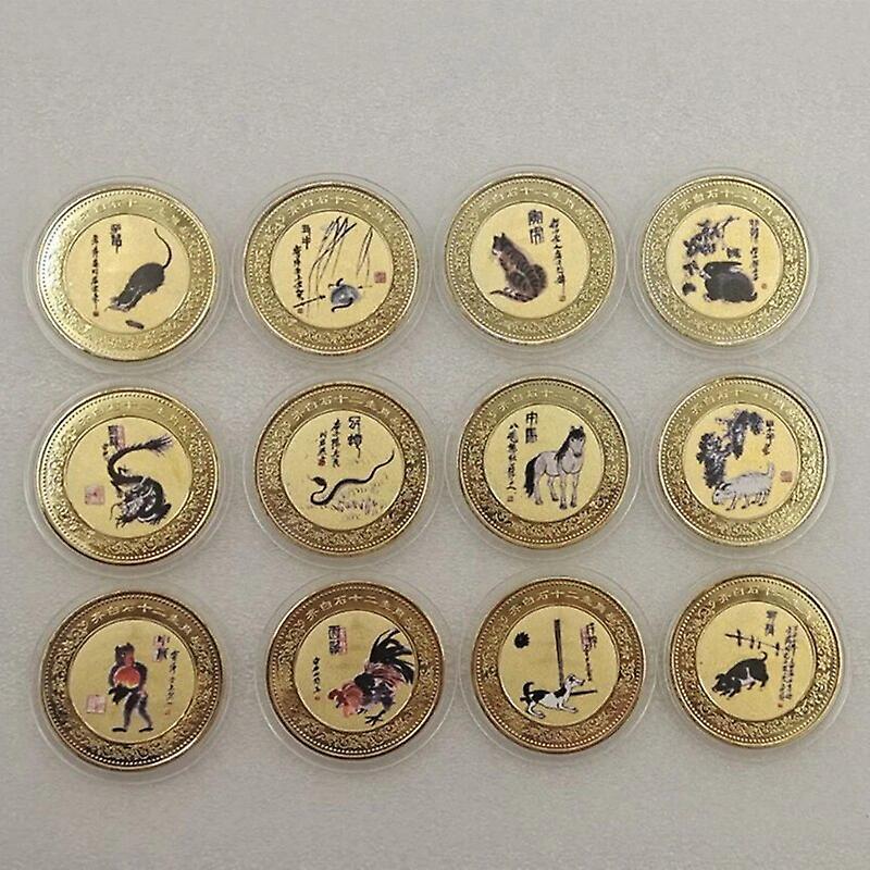 Ninesun 12 Zodiac Chinese Antique Golden Collectible Coins Feng Shui Tiger Dragon Animal Commemorative Coin Set New Year Souvenir Crafts 12 Coins Set