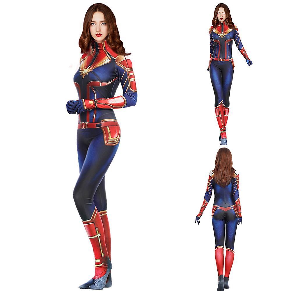 Shakub Captain Marvel Cosplay Costume Jumpsuit Captain Marvel Bodysuit Halloween Party Carnival Fancy Dress Up For Women red/gold/blue M