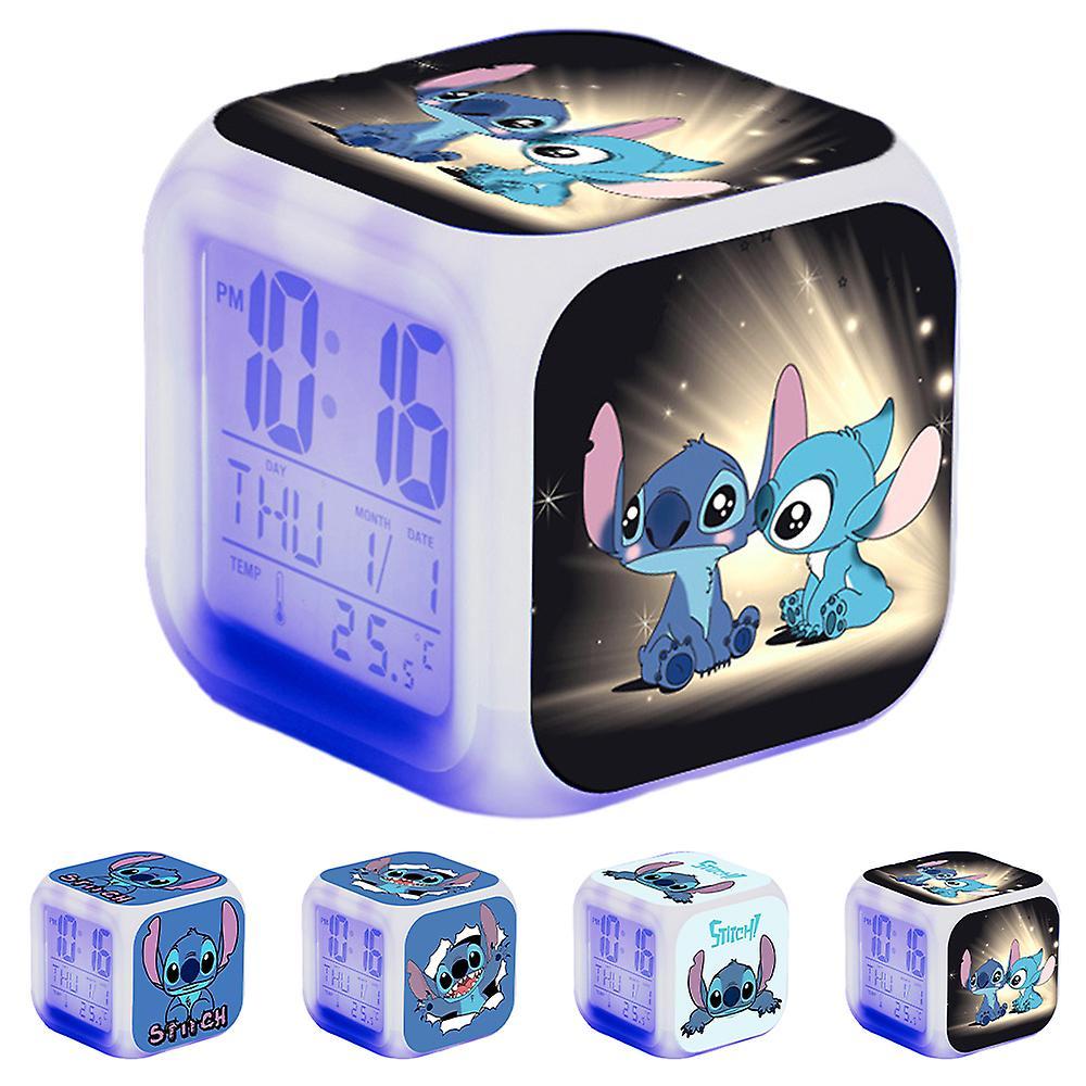 Bestdaily Lilo & Stitch Digital Alarm Clock 7 Color Changing Anime Cartoon Night Light Bedside Clock Home Decor Kids Toy Gifts D