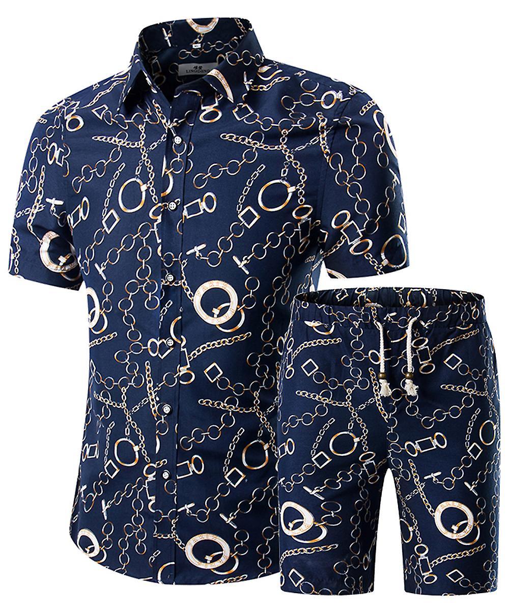 Allthemen Mens 2-Piece Cotton Printed Short-Sleeved Shirt and Shorts Blue XL