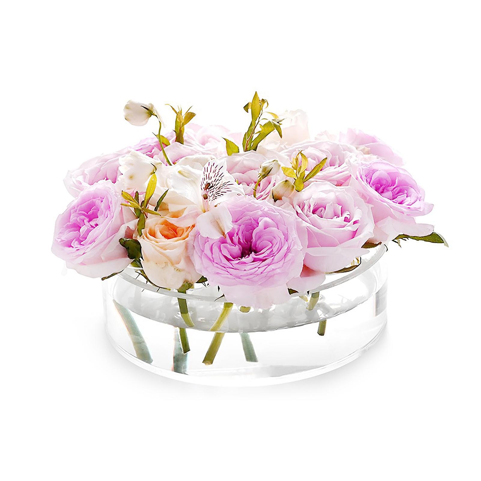 Favrison Acrylic Flower Vase Circular Leak-Proof Clear Acrylic Low Vase Cylinder Floral Centerpiece For Table 16 Holes