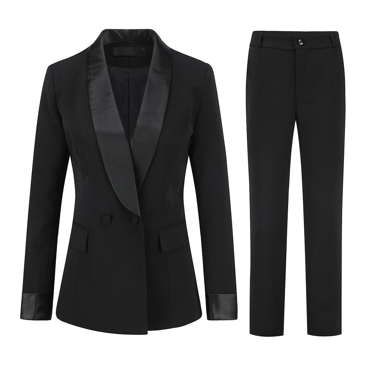 Yynuda Womens 2-piece Shawl Lapel Formal Dress Office Lady Slim Business Suit (blazer + Pants) Black S