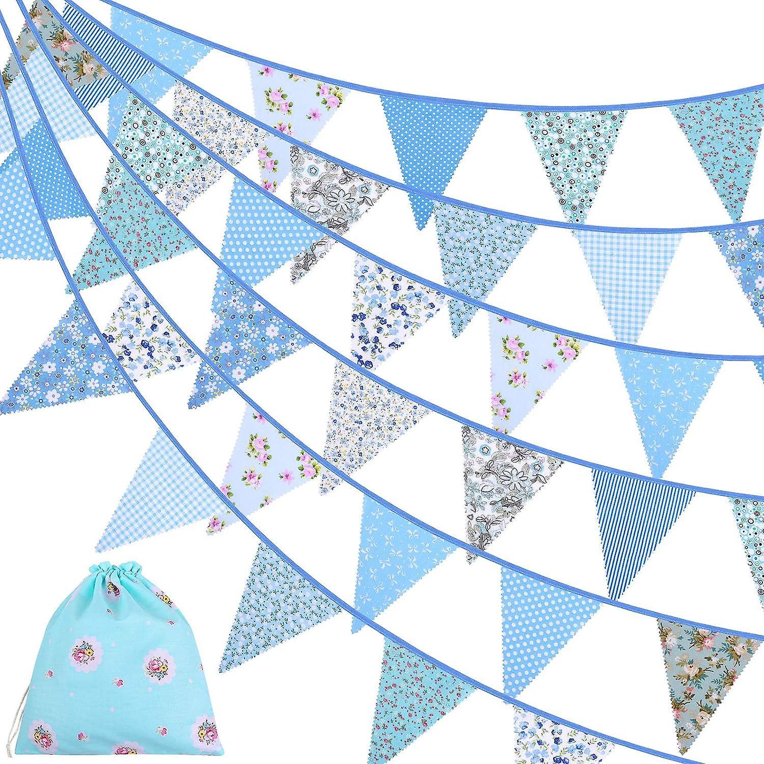 LINJOU 12m Fabric Bunting Banner Vintage Bunting Flag Floral Pennants Triangle Flags Cloth Garland, Blue