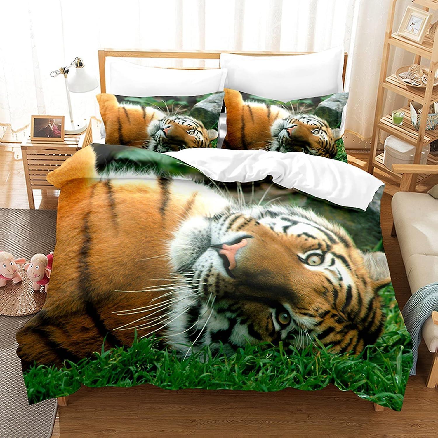 Kerota 3D Animal Tiger Bedding Set, Microfiber Duvet Cover and 1/2 Pillowcase, 3D Tiger Print, Children's Bedroom Bedding Set Double200x200cm