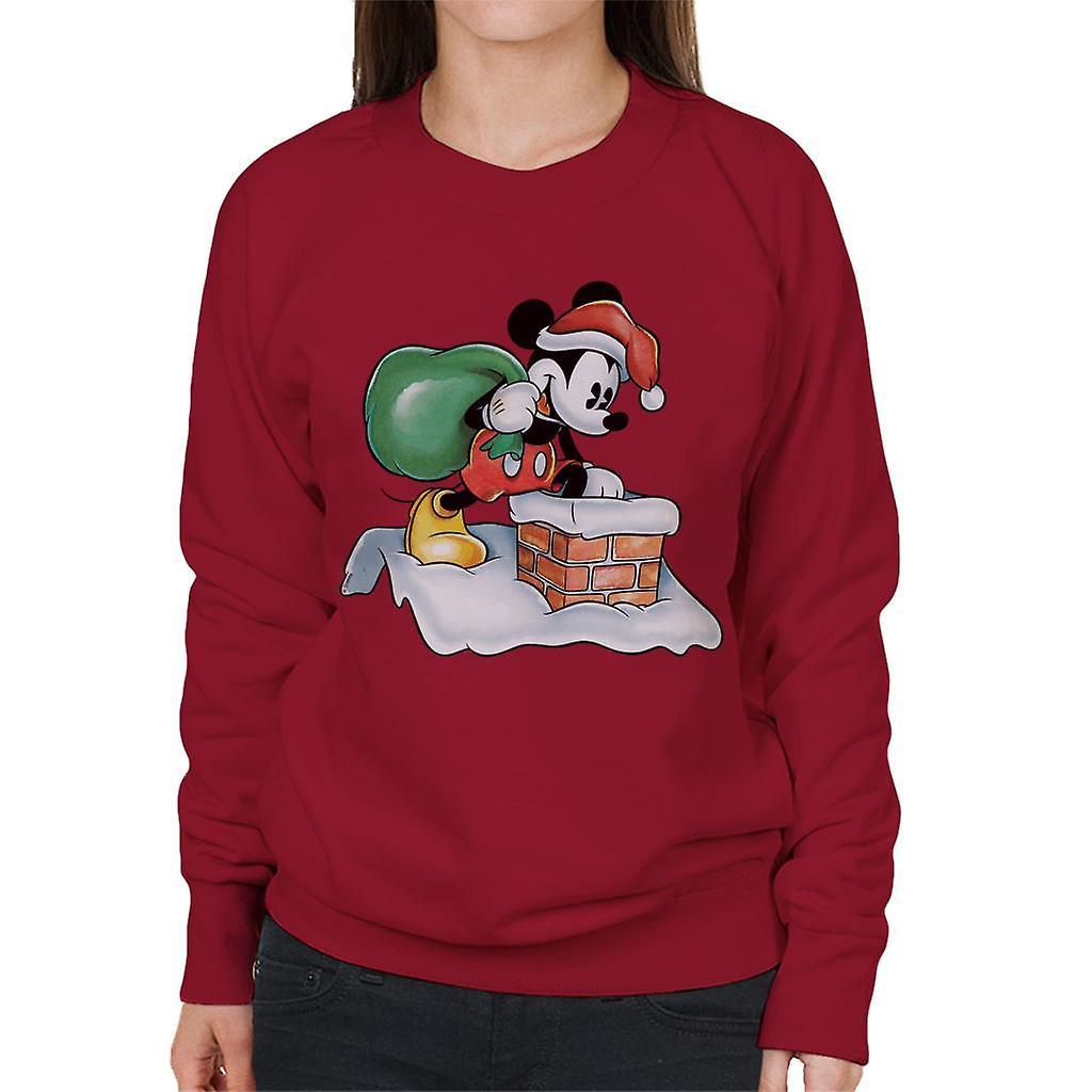 Disney Christmas Mickey Mouse Approaching Chimney Women's Sweatshirt Cherry Red Small