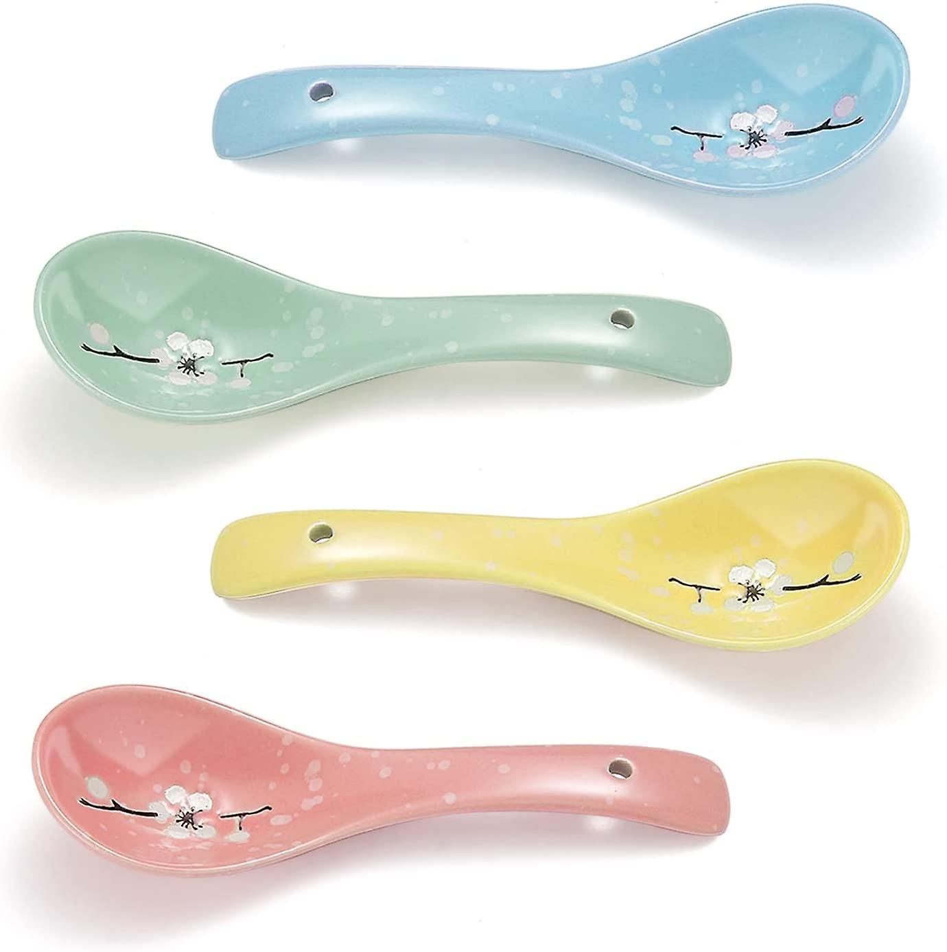 Heytea Ceramic Soup Spoons 4 Pieces, Asian Chinese Japanese Korea Porcelain Soup Spoon For Soup, Dumpling,