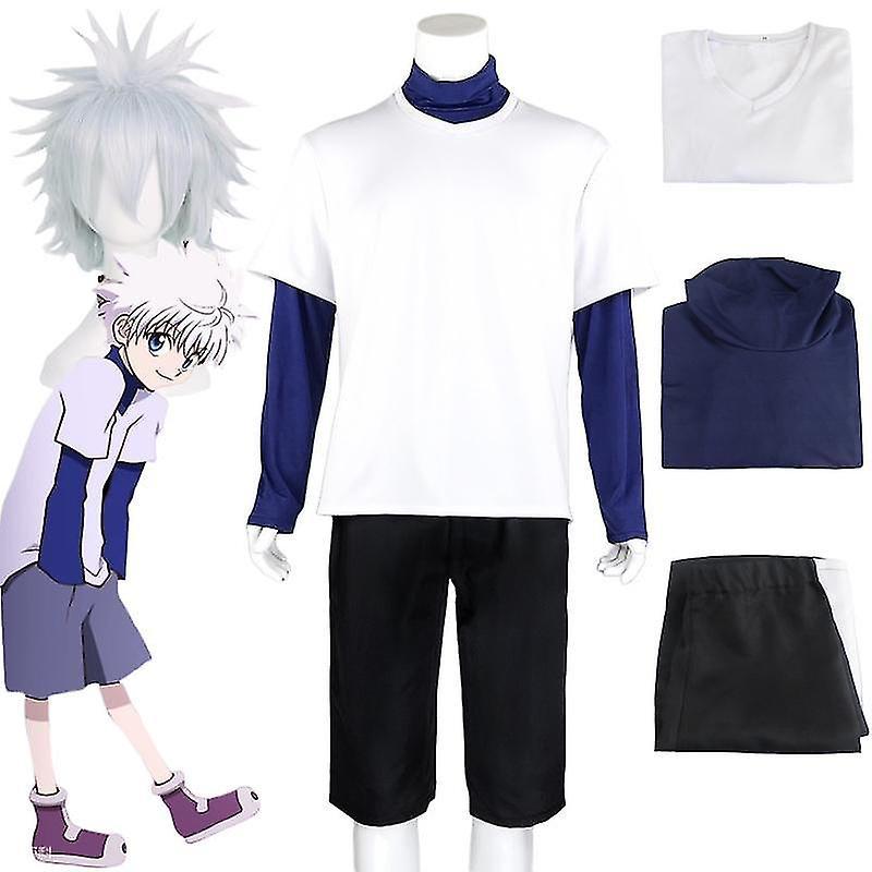 DUqi Anime Hunter Hunter Cosplay Killua Zoldyck Number 99 Badge Halloween Carnival Party Suit Shirt Short White Wig Costumes XS Costume