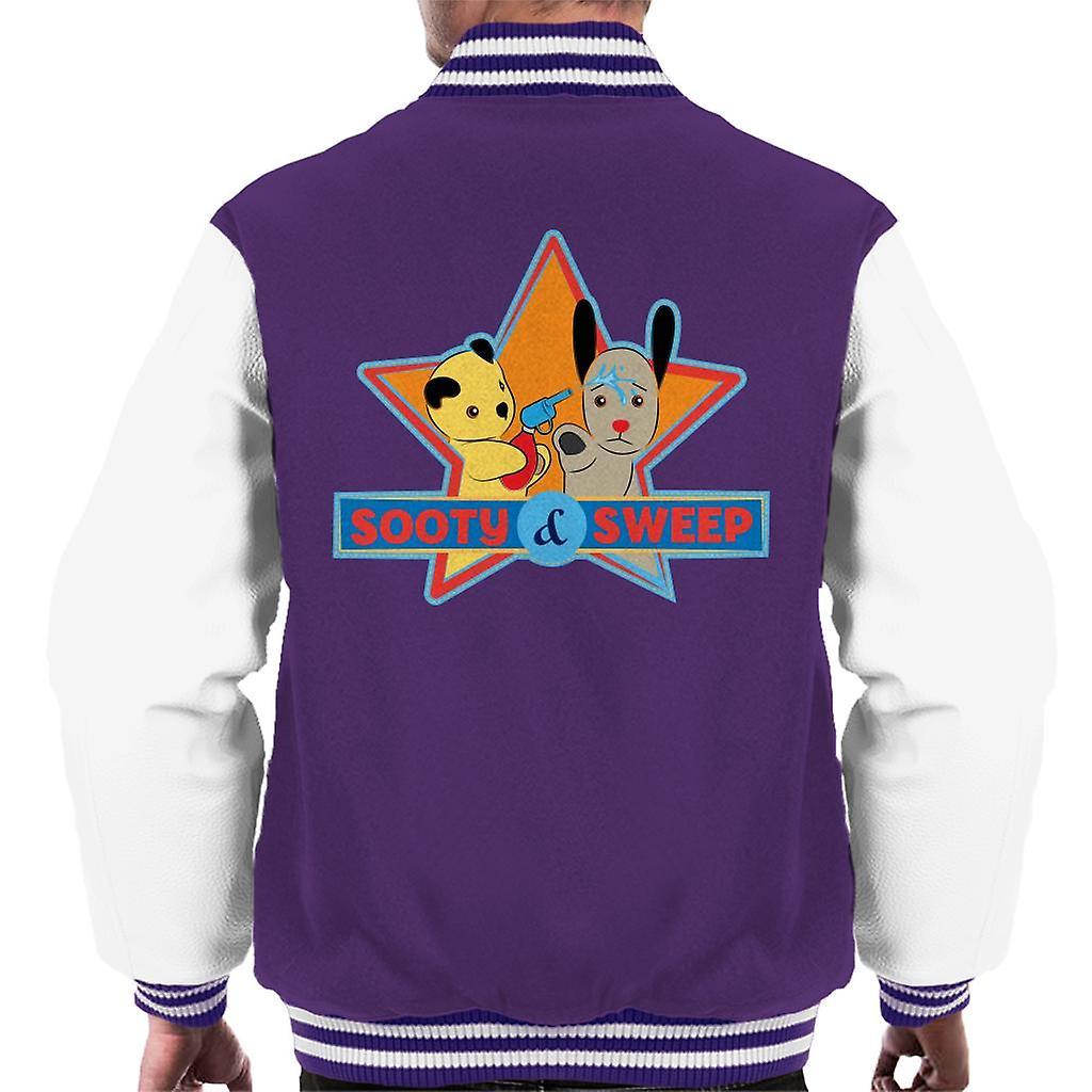 Sooty & Sweep Cartoon Water Sprayer Men's Varsity Jacket Purple/White XX-Large