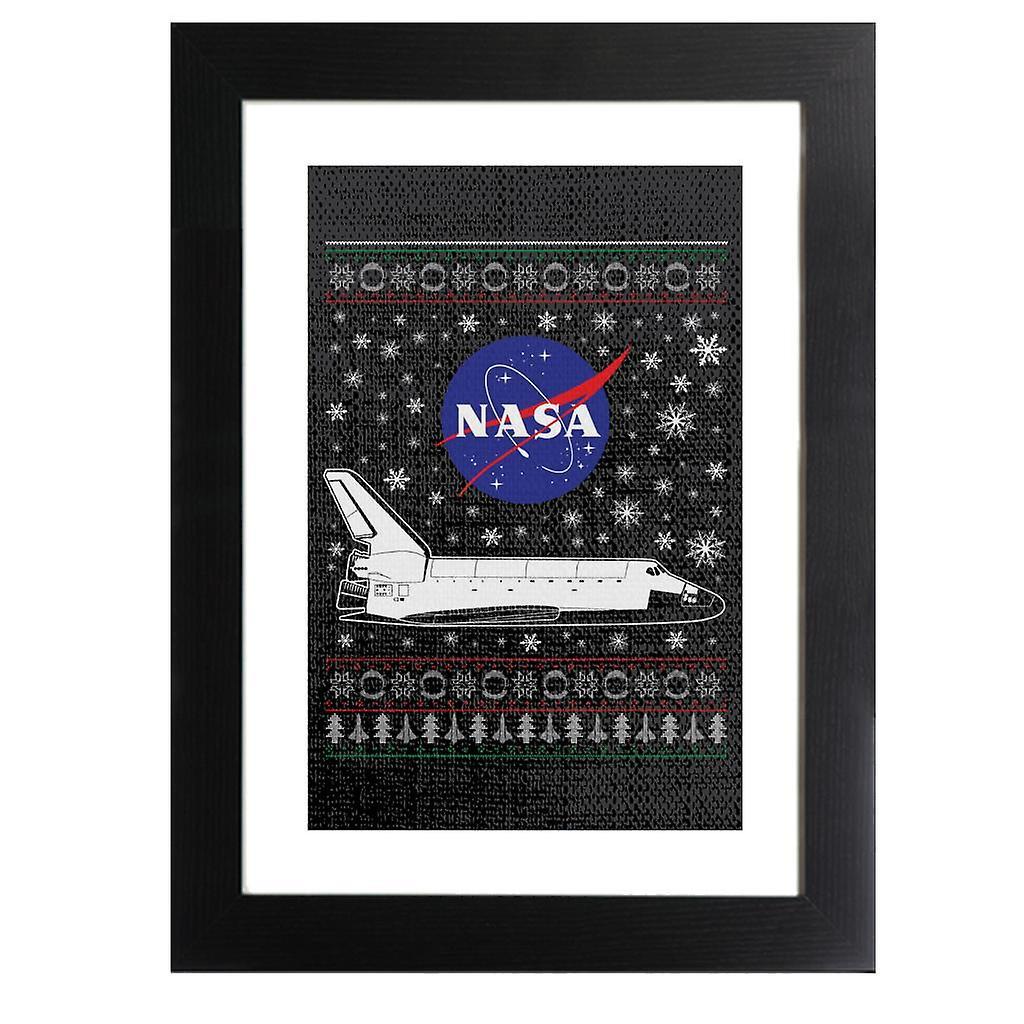 NASA Logo And Shuttle Christmas Knit Pattern Framed Print Black 39 x 52 cm