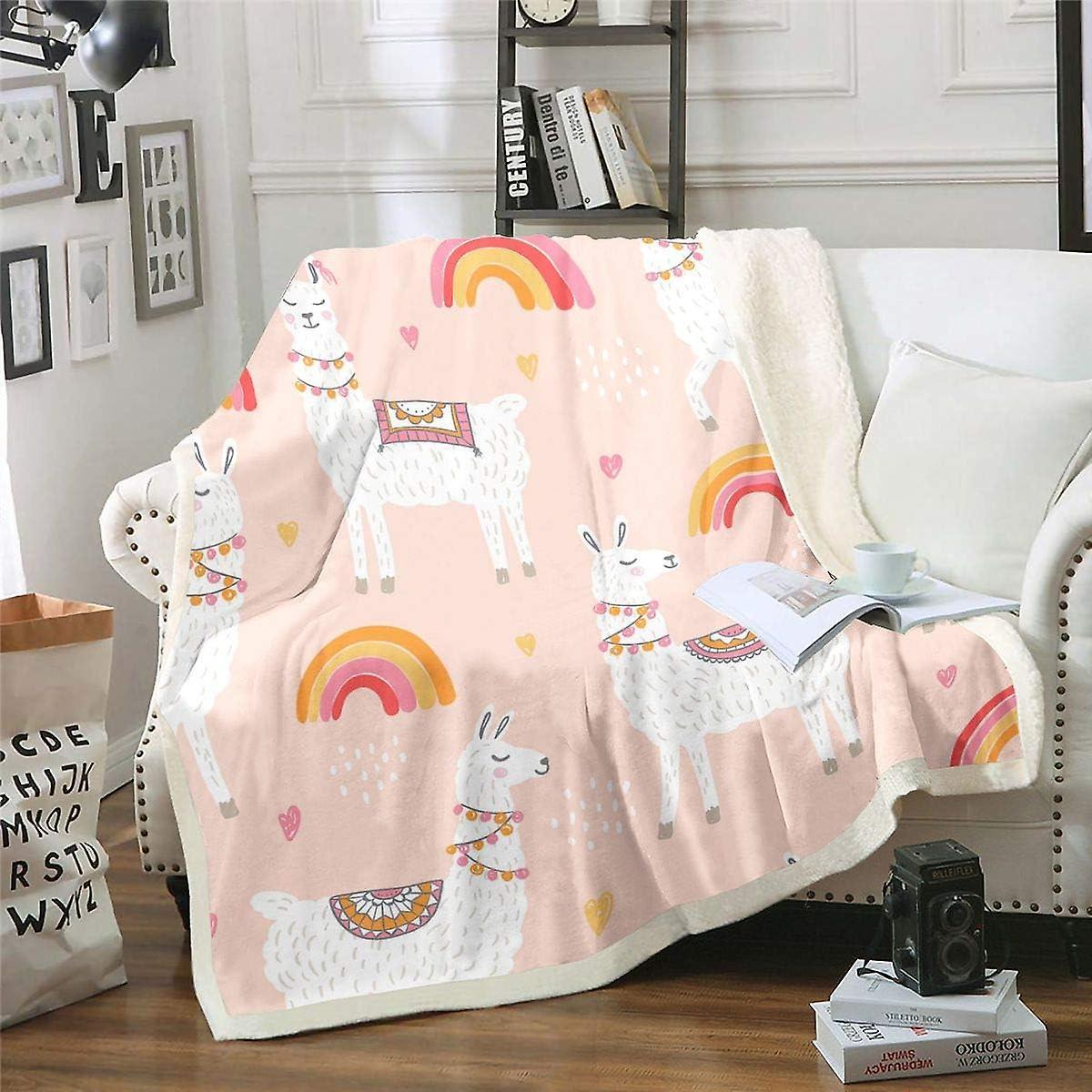 Kerota Cute Llama Sherpa Throw Blanket Cartoon Llama Alpaca Fleece Blanket for Sofa Bed Girly Animal Pattern Plush Blanket Soft Colorful Rainbow Fu...