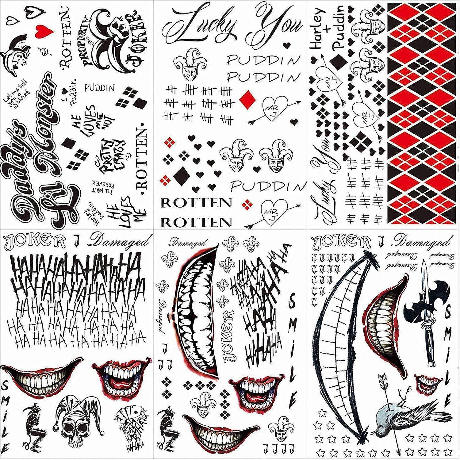 Baicccf 6 Sheets Large-Size HQ Temporary Tattoos for Joker Harley Quinn Suicide Squad, Halloween Temporary Tattoos Perfect for Halloween, Cosplay, ...