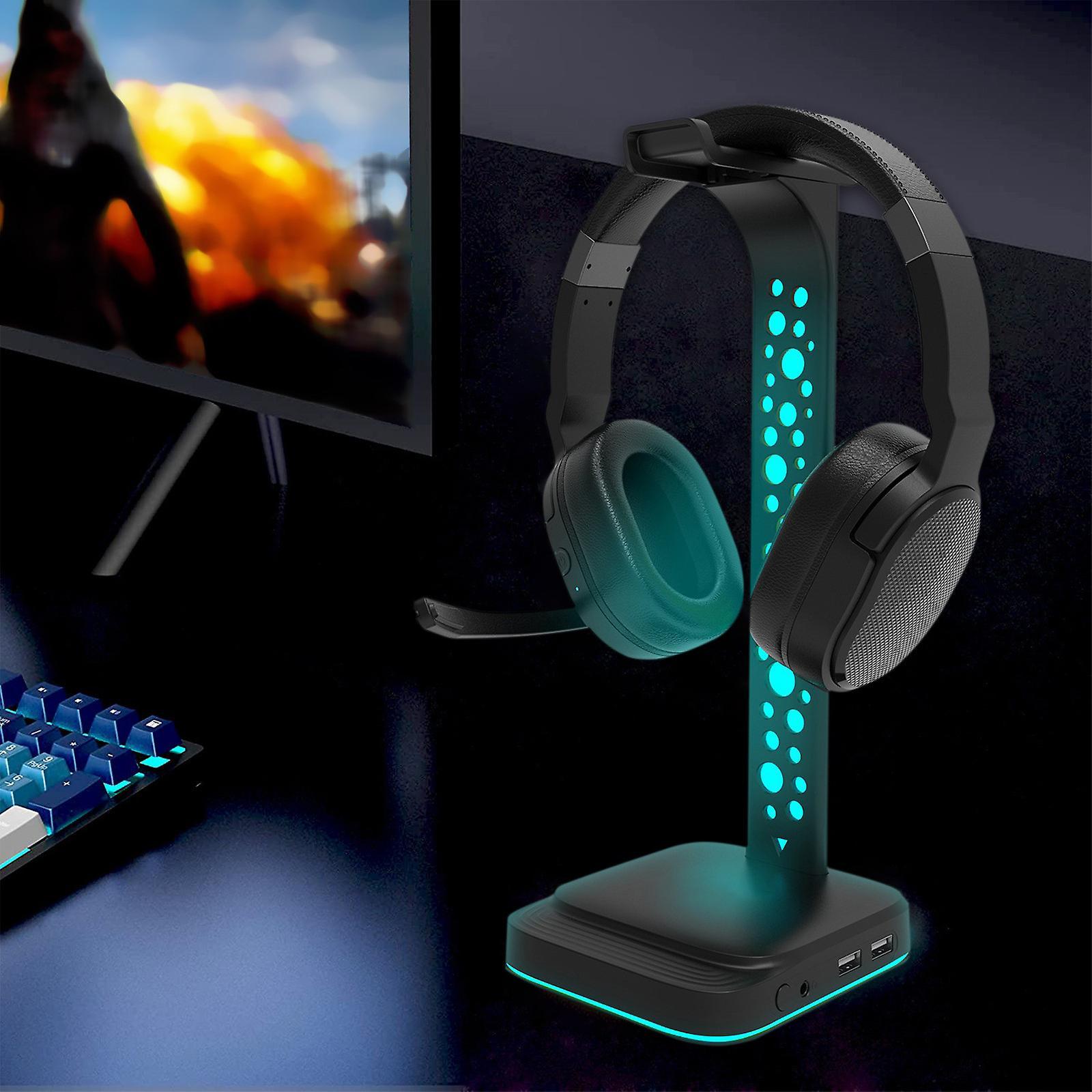 Flye Rgb Gaming Headphones Stand, Headset Stand With 3.5mm Aux And 2 Usb Charging Ports, Desk Gaming Headset Holder With Rubber Base Black