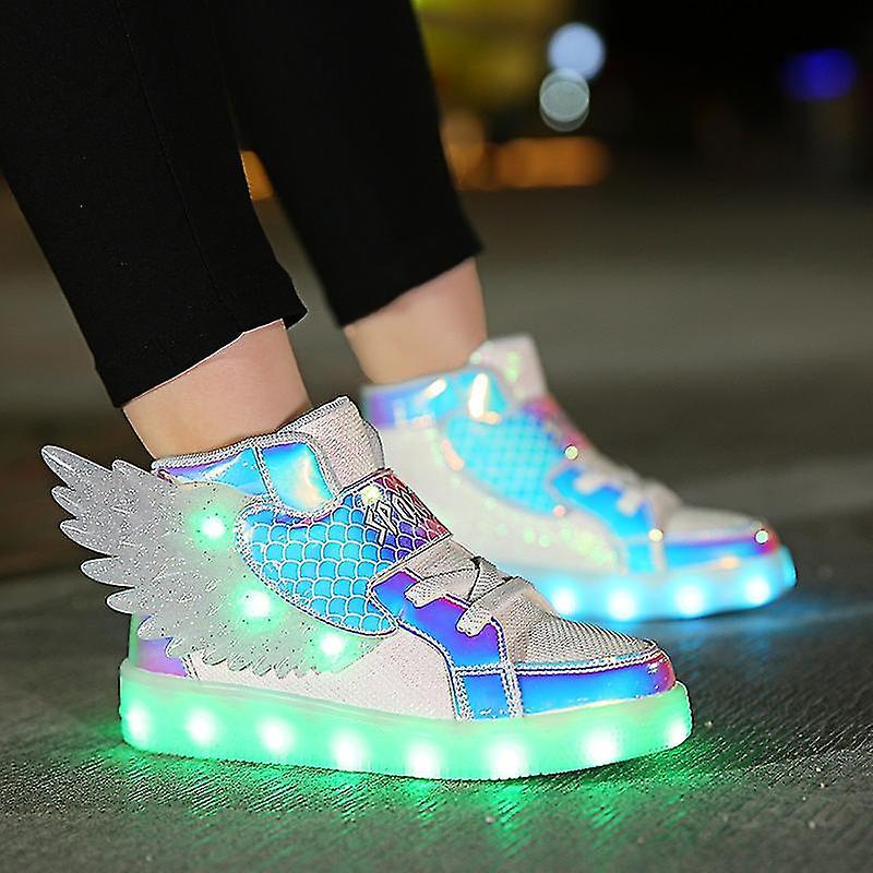 Htclv Waterproof Leather Kids Luminous Shoes Sneakers Led Light Shoes With Wing Usb Charging Casual Sports Shoes Girls Skateboard Shoe 1199 Black 2...