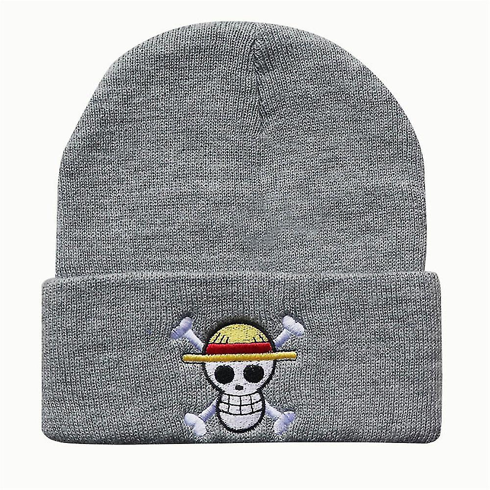 Shinestar One Piece Theme Pirate Monkey D.luffy Pattern Warm Knitted Beanies Hat For Men Women Unisex Winter Cuffed Hat Soft Beanies Cap Grey