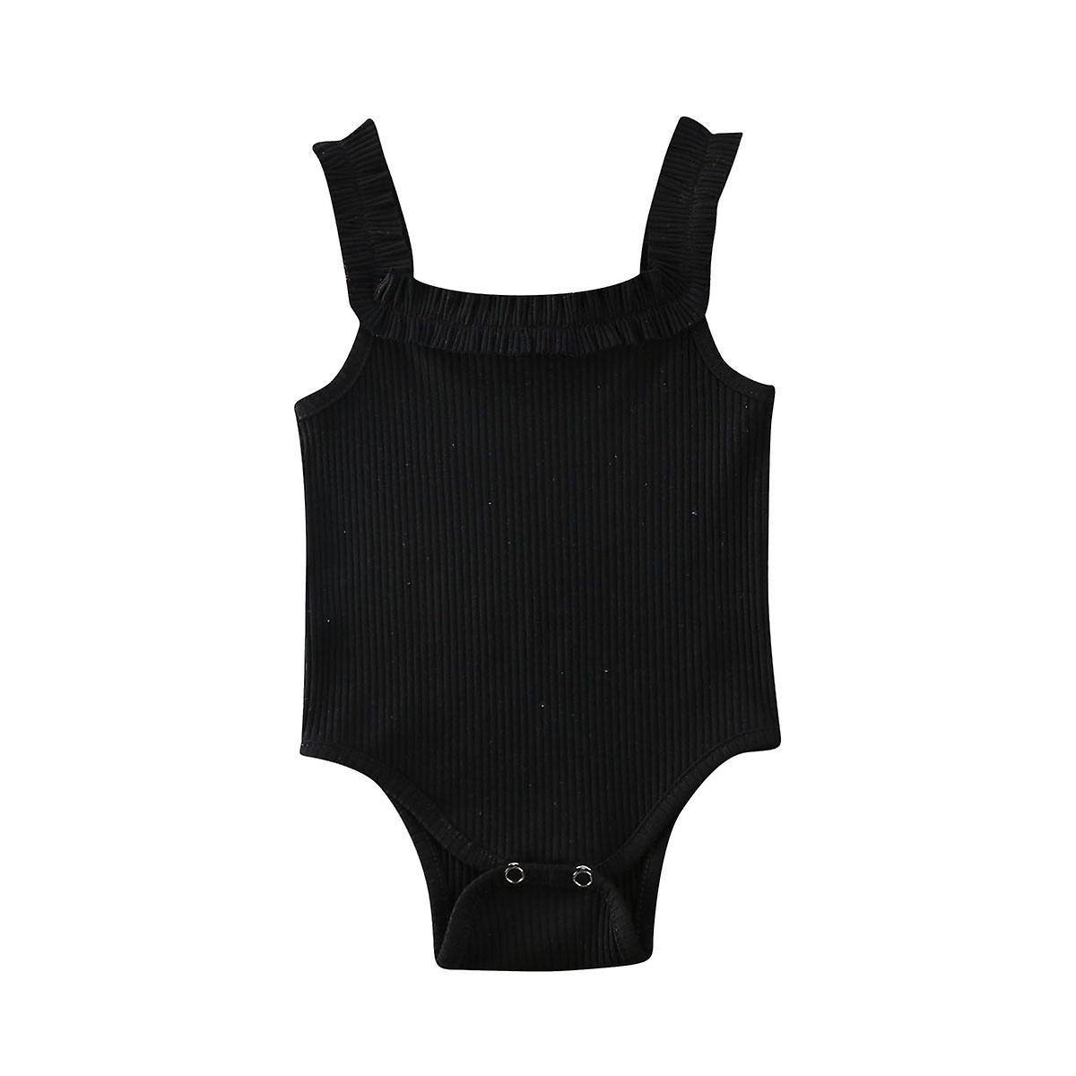 Slowmoose Baby Summer Clothing, Newborn Sleeveless Cotton Bodysuit, Ribbed Ruffled Black 24M