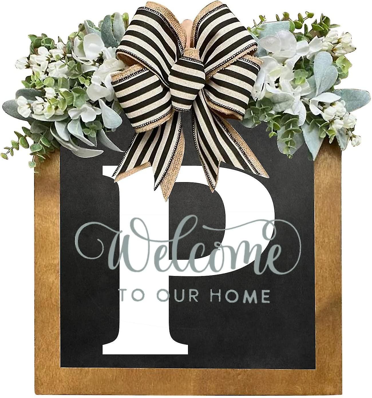 Tianzun Unique Last Name Year Round Front Door Wreath With Bow, 16" Welcome Sign Garland Creative 26 Letter Farmhouse Wreath P