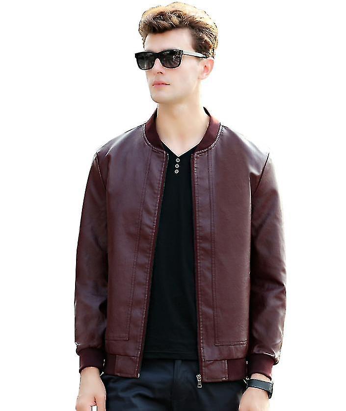 Yesfit Autumn And Winter Men's Slim Casual Leather Jacket High-end Warm Baseball Collar Leather Jacket red XL