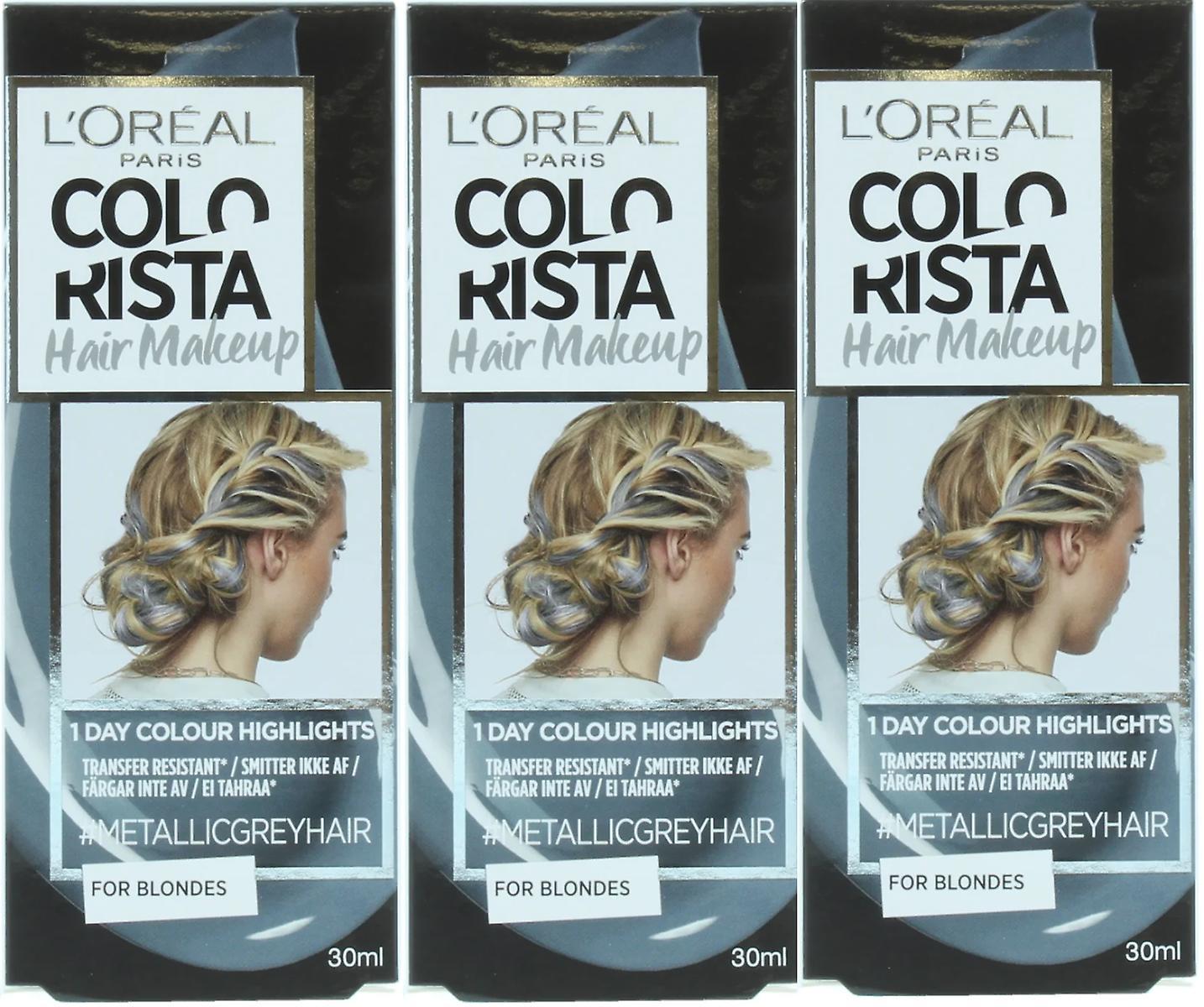 3 x 30ml L'Oreal Colorista Hair Makeup Temporary Blonde Hair Colour - Metallic Grey