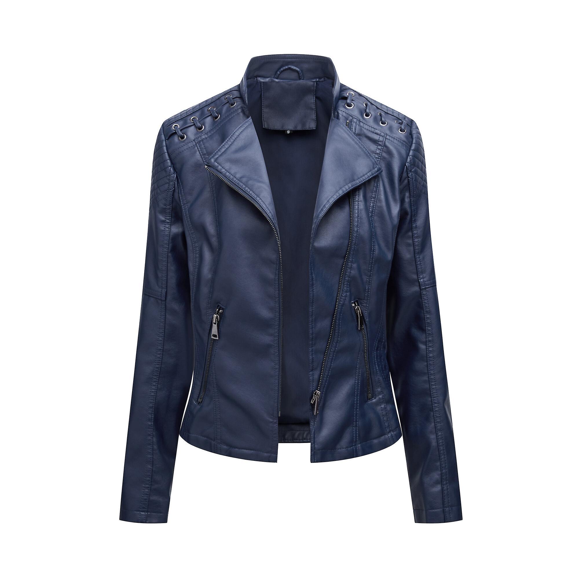 Yunclos Women's Casual Leather Jacket Lapel Collar Short Biker Jacket For Autumn, Winter Navy Blue 3XL