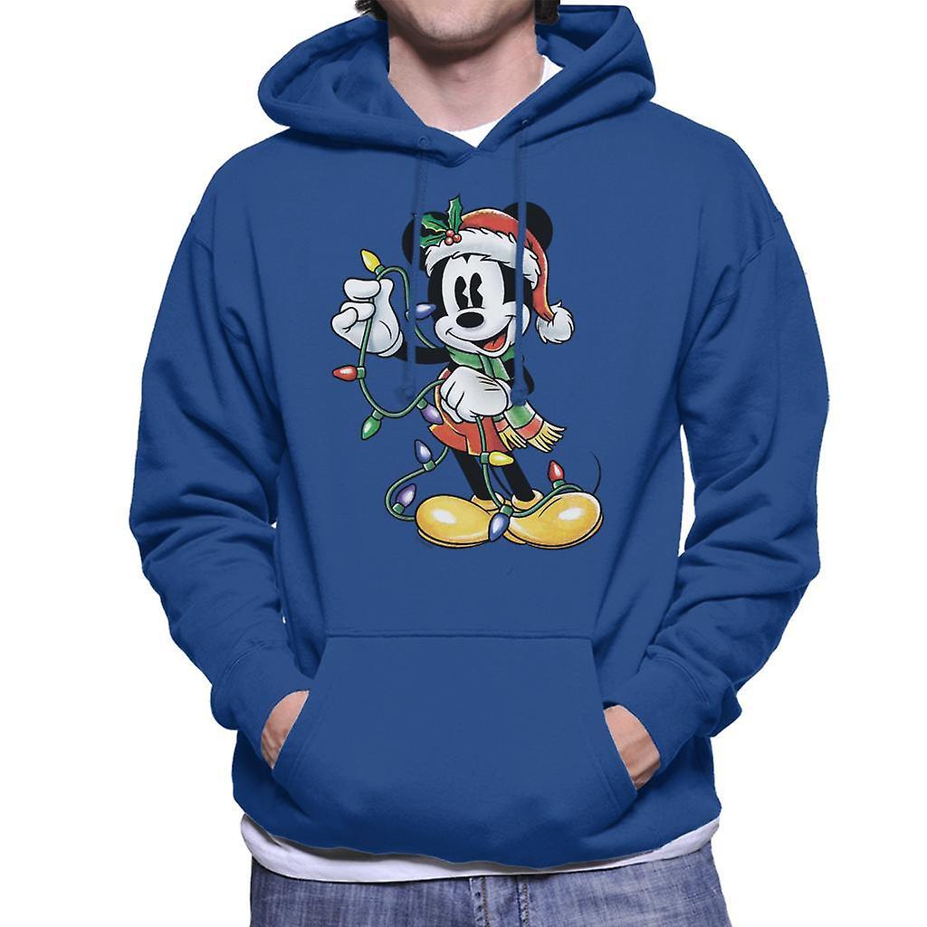 Disney Christmas Mickey Mouse Holding Xmas Lights Men's Hooded Sweatshirt Royal Blue Medium