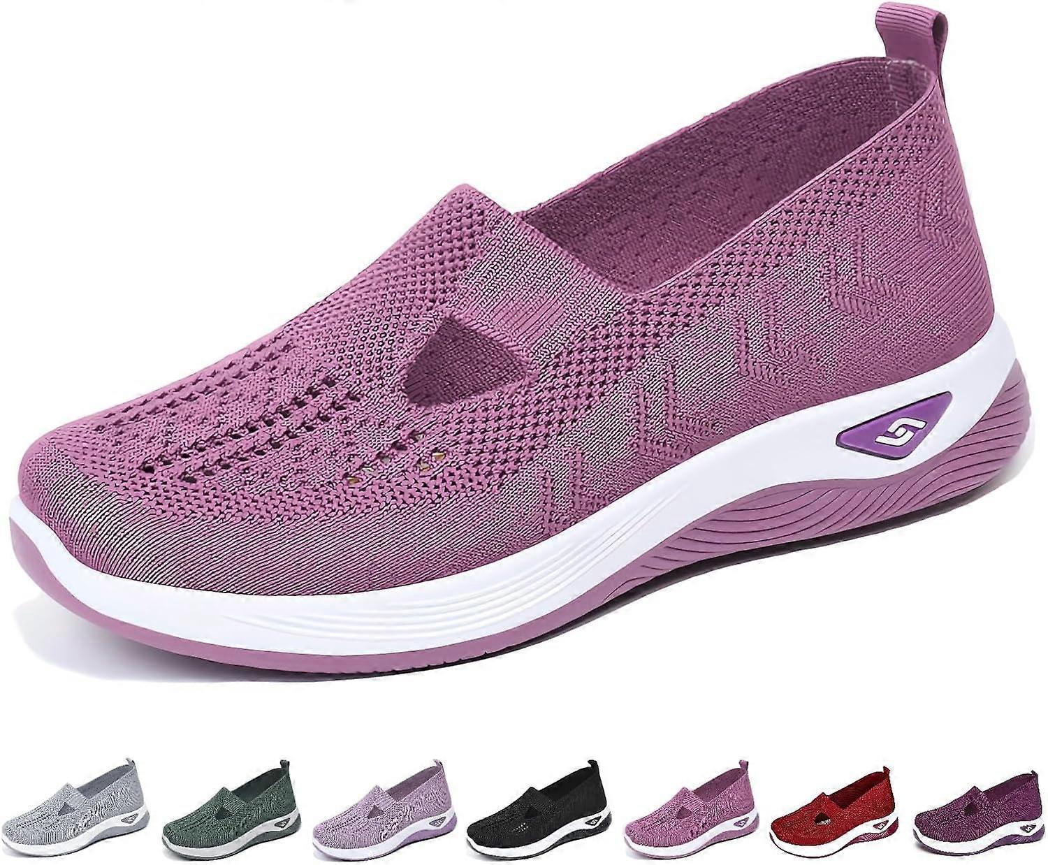 Morakot Women's Woven Orthopedic Breathable Soft Shoes Go Walking Slip On Diabetic Foam Shoes Hands Free Slip In Sneakers Arch Support Purple EU 38