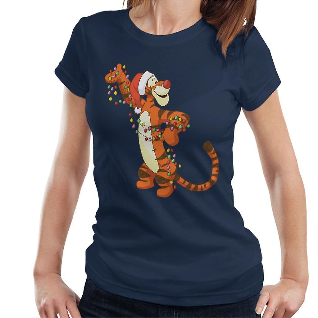 Disney Christmas Tigger Holding Festive Lights Women's T-Shirt Navy Blue Small