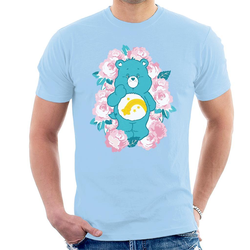 Care Bears Wish Bear Pink Flowers Men's T-Shirt Sky Blue Small