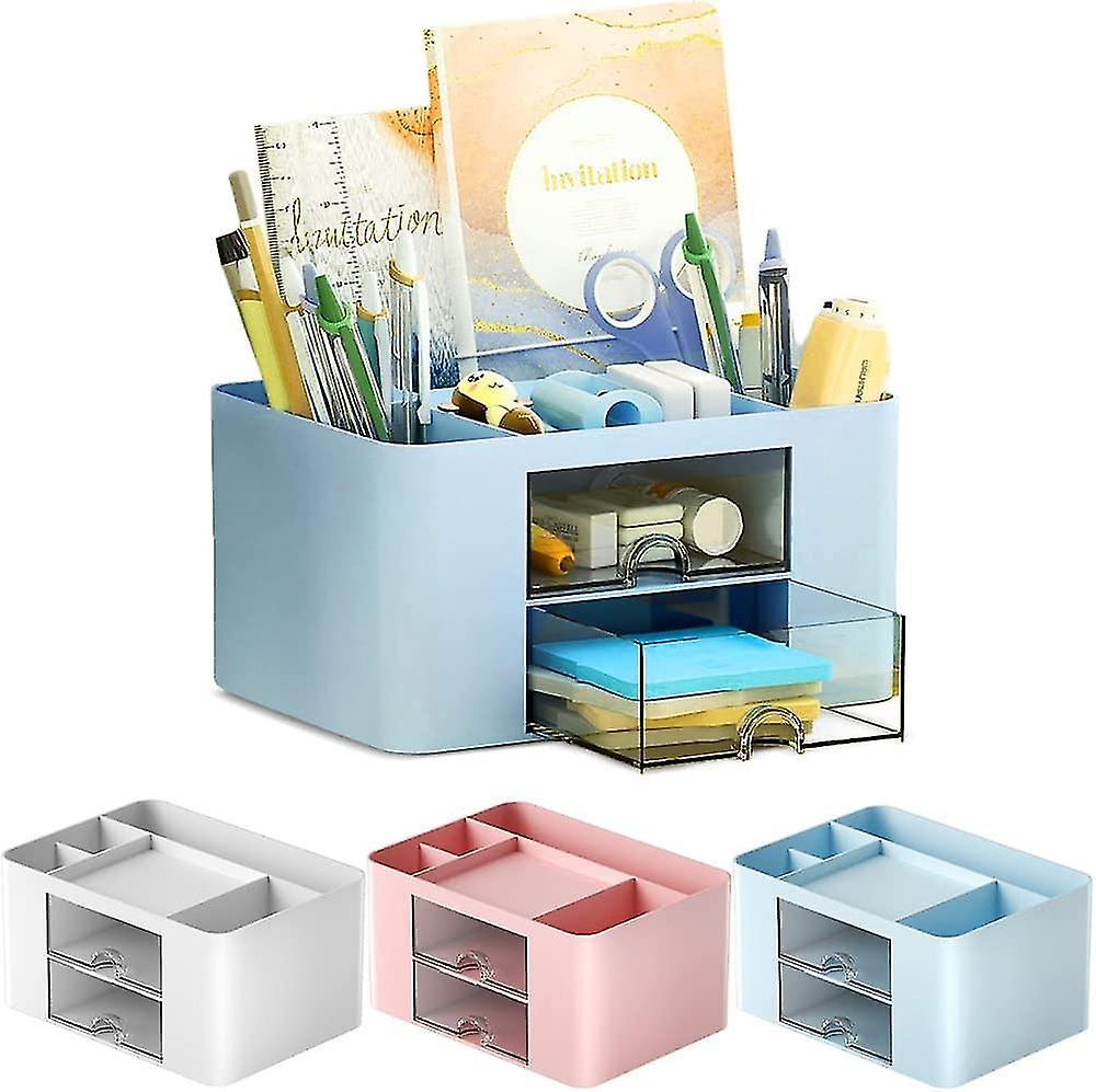 Tianzun Desk Organiser, Plastic Table Organiser With Drawer, Pen Holder For Pens, Office, Home, School Blue