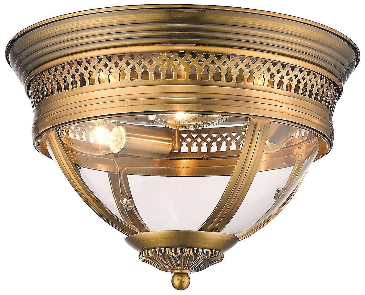 Spring 3 Light Flush Ceiling Light Antique Brass Clear E14