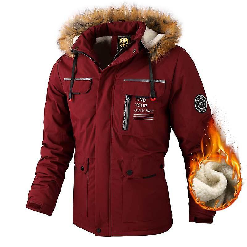 Men Jackets Men's Jacket Thickened Thermal Hooded Parka Business Casual Windproof Burgundy L (60 67.5Kg)