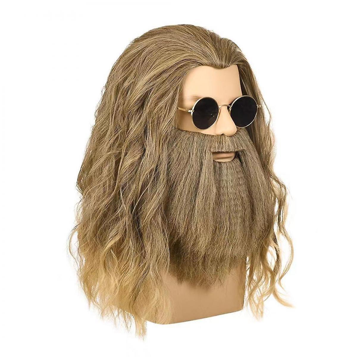 JUSCH Wig with Beard Mens Long Curly Ash Blonde Wig Halloween Costume Wigs K916-83