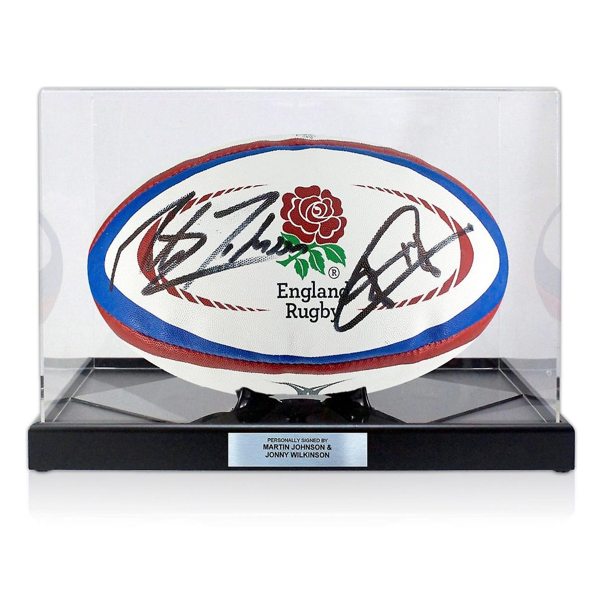 Exclusive Memorabilia Martin Johnson And Jonny Wilkinson Signed England Rugby Ball. Display Case With Plaque