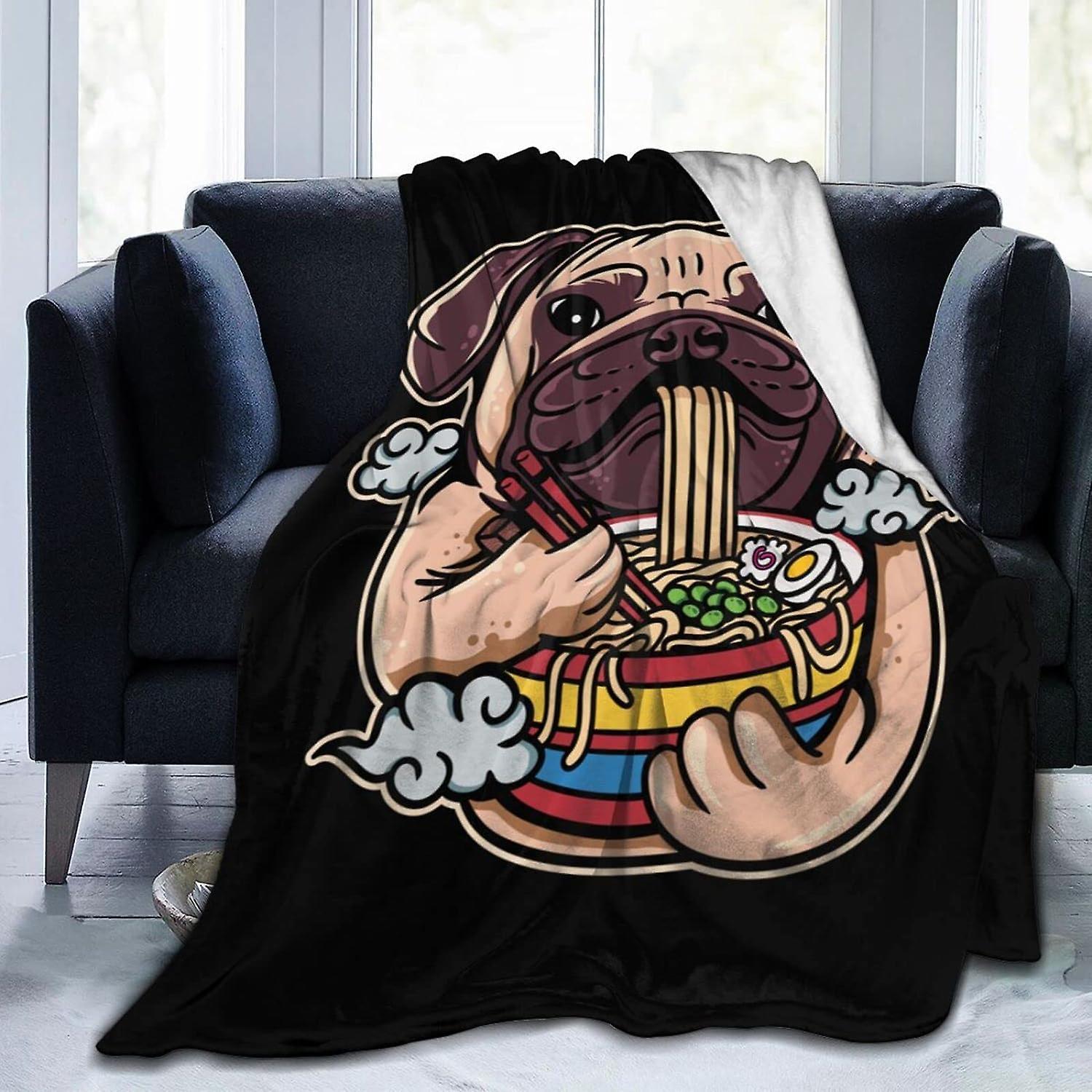 Kerota Printed Flannel Blanket, Ramen-Eating Pug Throw Blanket, Soft Throw, Warm Anti-Pilling Blanket for Sofa Bed Couch Throw 80x60in 200x150cm