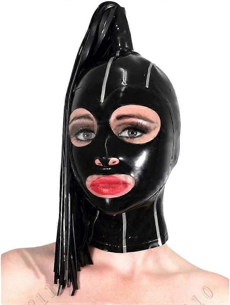 Qin Latex Rubber Full Face Mask with Single Black & White 60cm Streamers Party Dress Hoods Customized 0.4MM 3XLarge