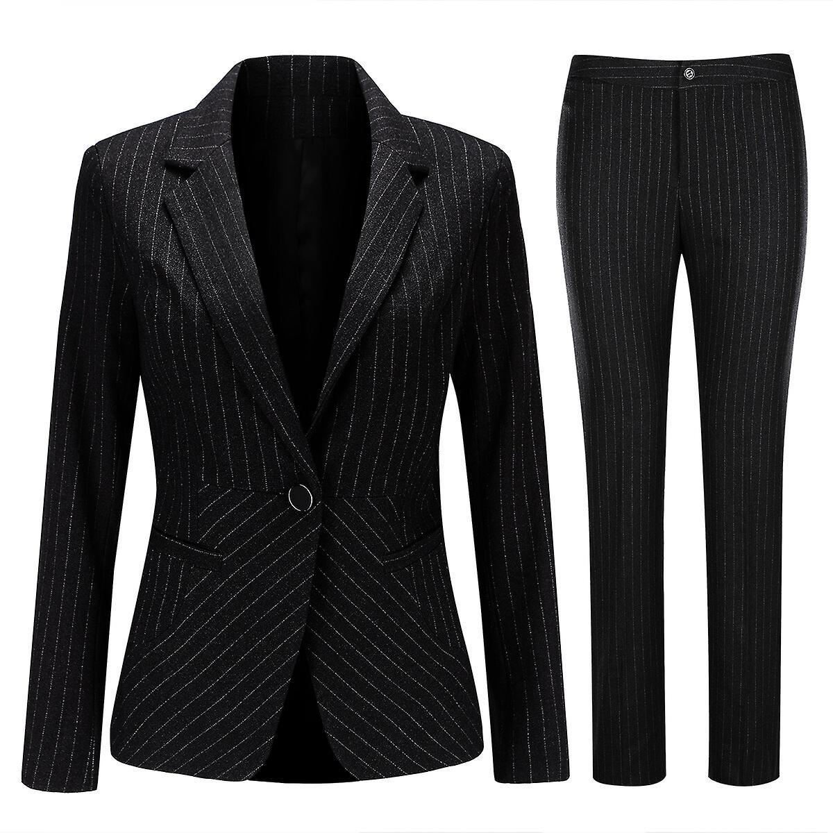 Allthemen Womens 2-Piece Professional Office Lady Stripe Blazer Pants Black L