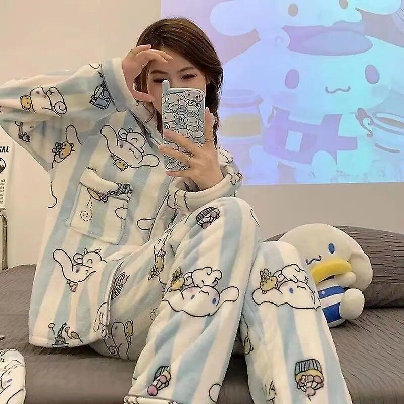 Aionyaaa Kawaii Sanrios Women's Pajama Set Autumn Winter Flannel Thick Warm Homewear Anime Kuromi Cinnamoroll My Melody Cute Cartoon Gift Cinnamoro...