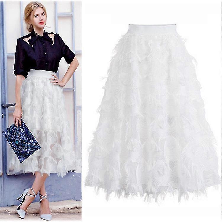 Women A-line Midi Skirt High Waist Layered Skirt -ZHENV White