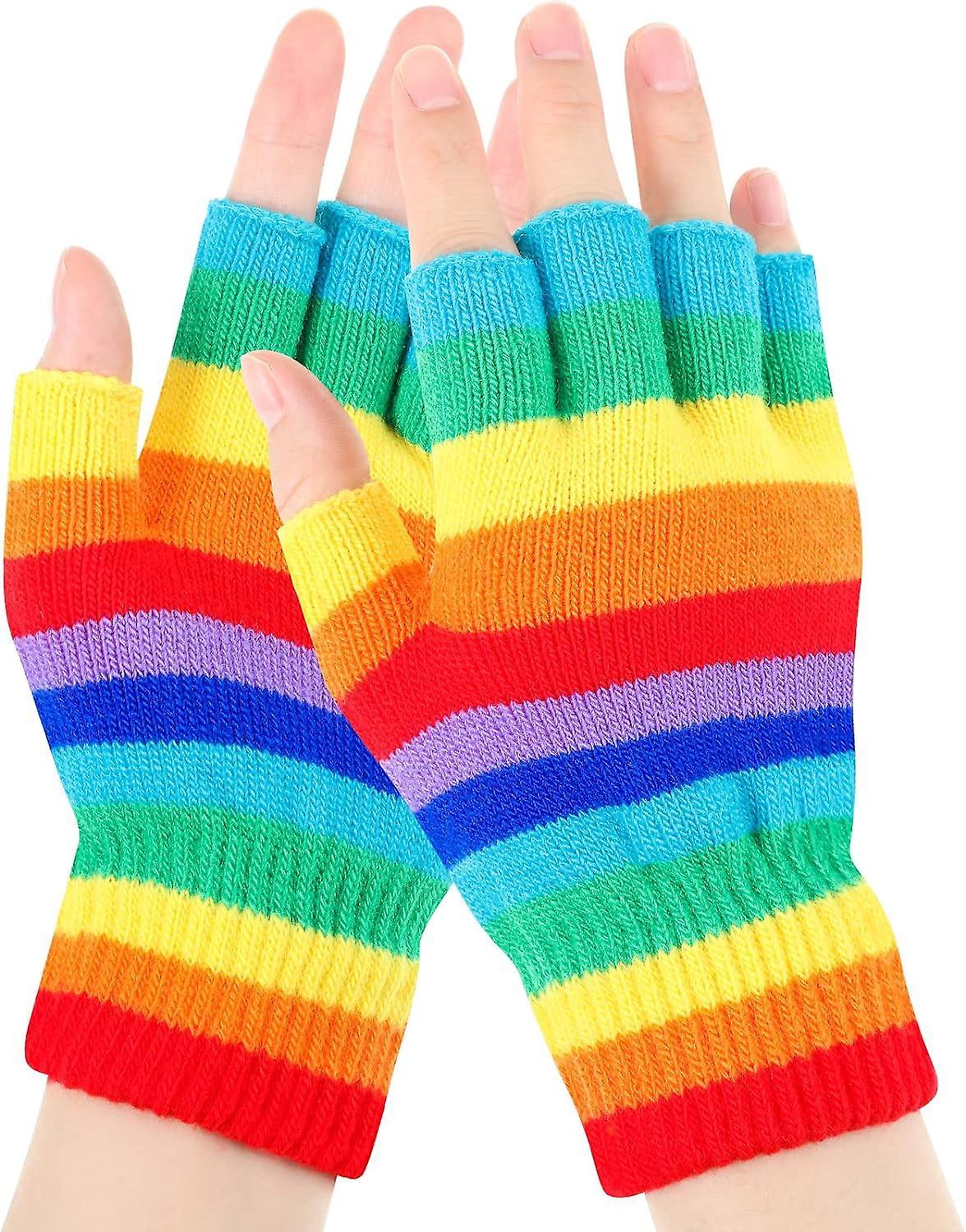 Veny Winter Unisex Thermal Fingerless Gloves - Rainbow Striped Knit Fingerless